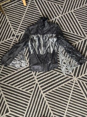 Black Sequin Fringe Zip-Up Jacket with Silver Fringe